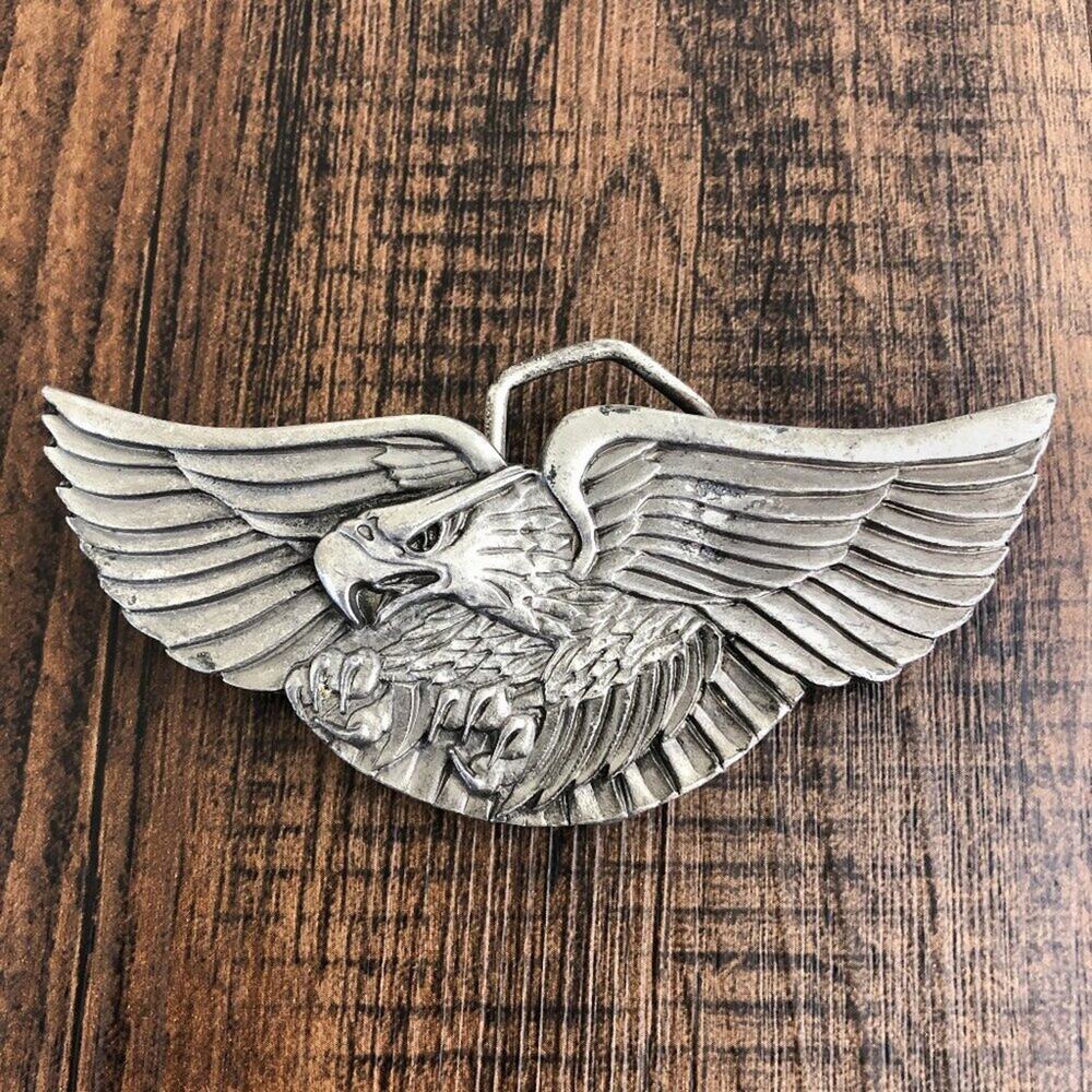 Vintage Belt Buckle Eagle Flying Men Western Cowboy USA 1980 Indiana Metal Craft